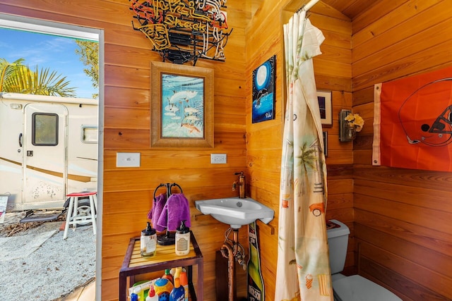 bathroom with toilet, sink, and wood walls