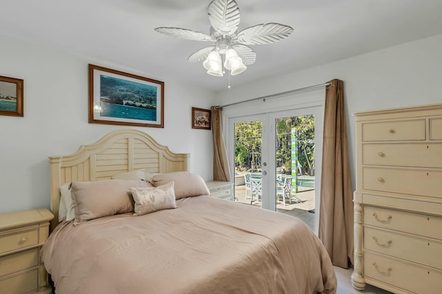 bedroom featuring access to outside, ceiling fan, and french doors