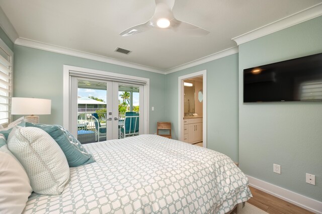 bedroom with hardwood / wood-style flooring, access to outside, ceiling fan, crown molding, and french doors