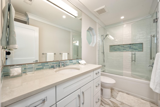 full bathroom featuring toilet, shower / bath combination with glass door, ornamental molding, vanity, and backsplash