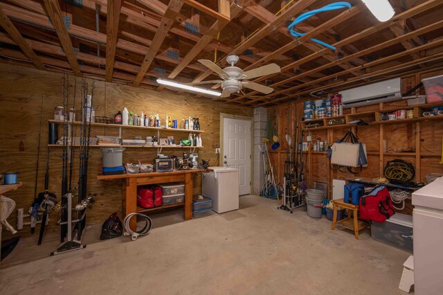 interior space featuring ceiling fan and an AC wall unit