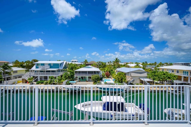 view of swimming pool with a water view and a boat dock