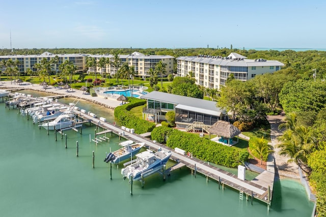 bird's eye view with a water view