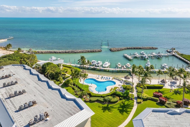 birds eye view of property featuring a water view