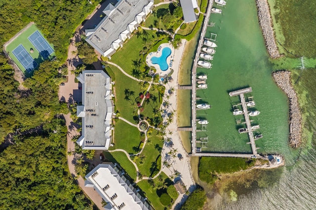 birds eye view of property featuring a water view