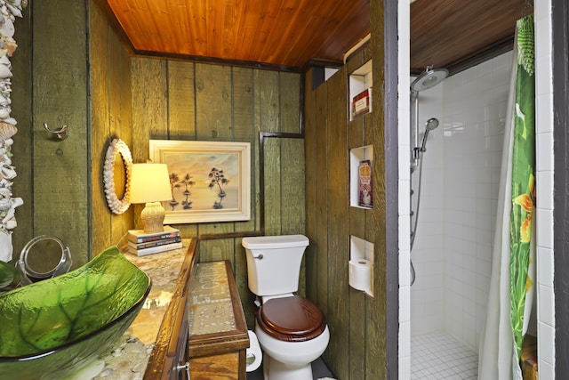 bathroom featuring a shower with shower curtain, wooden ceiling, wooden walls, and toilet