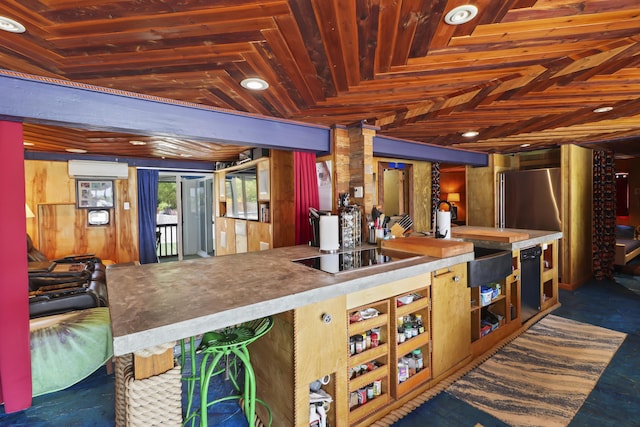 kitchen with wood walls, wood ceiling, a wall mounted AC, vaulted ceiling, and black electric stovetop