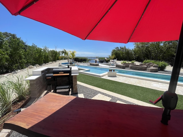 view of swimming pool featuring a patio