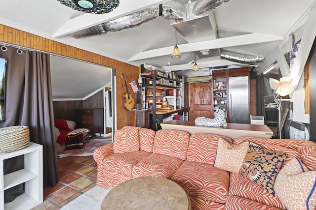 living room featuring vaulted ceiling with beams and wood walls