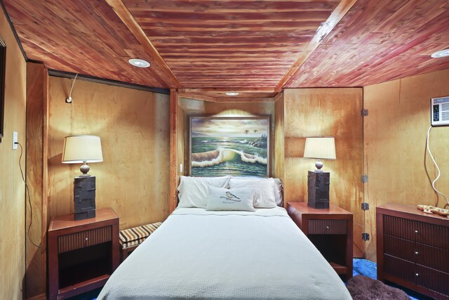 bedroom featuring wooden walls and wooden ceiling