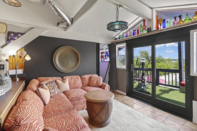 living room featuring vaulted ceiling with beams