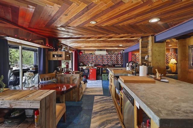 dining room with sink and wood ceiling