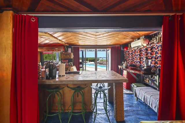 dining space with wood ceiling, a wall mounted AC, and french doors