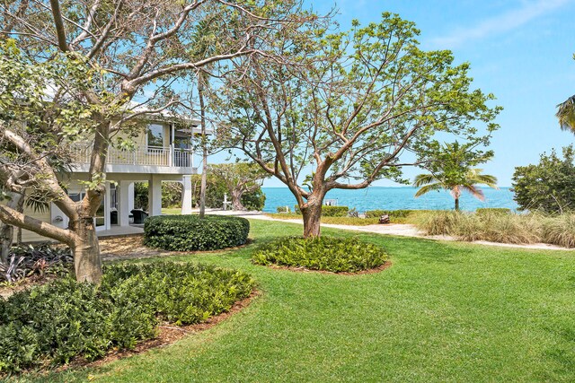 view of yard with a balcony and a water view