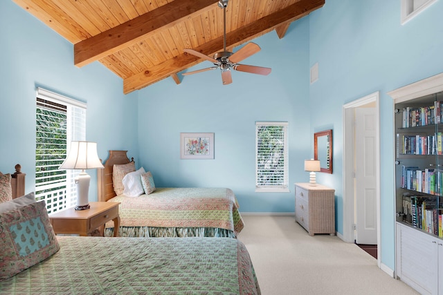 carpeted bedroom featuring multiple windows, high vaulted ceiling, beam ceiling, and wooden ceiling