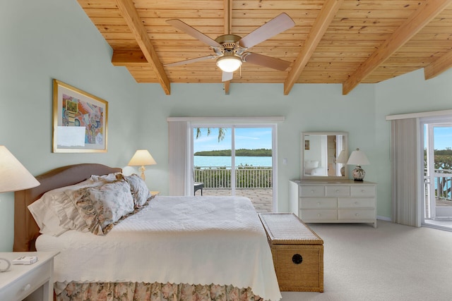 bedroom featuring carpet flooring, access to exterior, wooden ceiling, and a water view