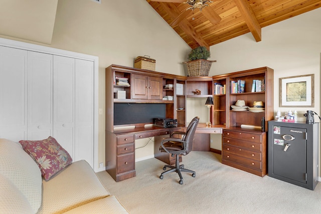 office space with beamed ceiling, light colored carpet, wooden ceiling, and high vaulted ceiling