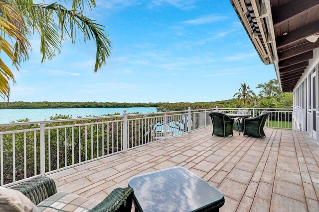 view of patio with a water view