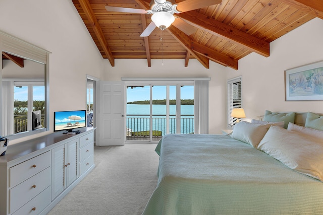 bedroom featuring vaulted ceiling with beams, access to outside, light colored carpet, ceiling fan, and wood ceiling