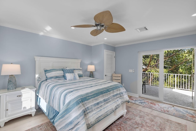 bedroom featuring access to outside, ornamental molding, ceiling fan, and light wood-type flooring