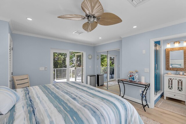 bedroom with crown molding, ceiling fan, access to exterior, and light hardwood / wood-style flooring