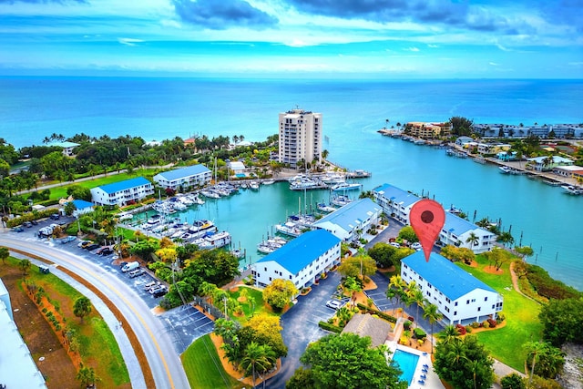 drone / aerial view featuring a water view