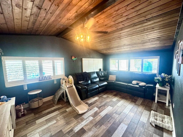 interior space featuring wood-type flooring, vaulted ceiling, and wooden ceiling