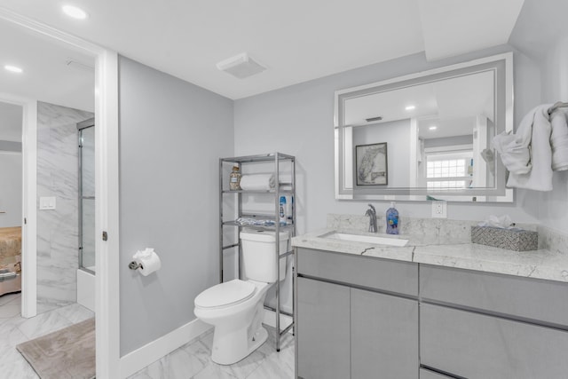 full bath featuring shower / bath combination with glass door, vanity, baseboards, toilet, and marble finish floor
