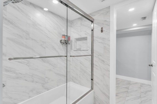 full bathroom with visible vents, baseboards, recessed lighting, shower / bath combination with glass door, and marble finish floor