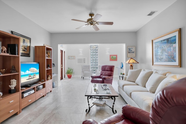 living room with ceiling fan