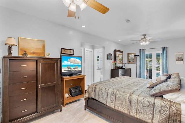 bedroom with french doors, ceiling fan, and light tile patterned flooring