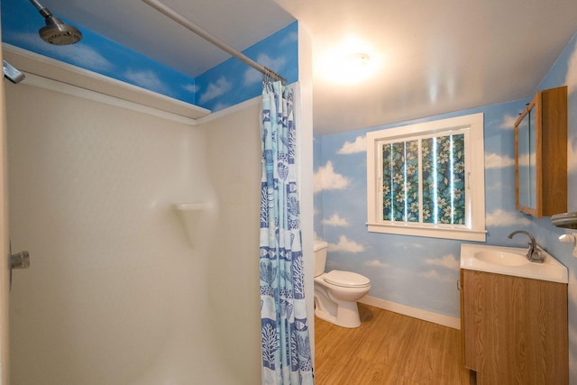bathroom with vanity, toilet, baseboards, wood finished floors, and a shower with curtain