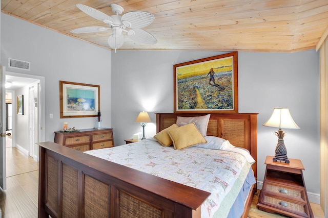 bedroom featuring wood ceiling, vaulted ceiling, and ceiling fan