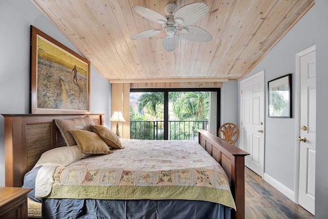 bedroom with dark wood-type flooring, access to outside, wood ceiling, and vaulted ceiling