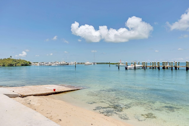 view of dock with a water view and a beach view