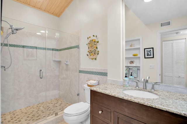 bathroom with tile walls, vanity, wooden ceiling, toilet, and walk in shower