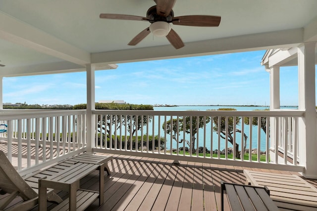 wooden terrace featuring a water view and ceiling fan