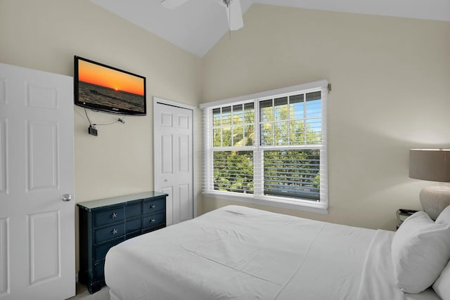 bedroom with a ceiling fan and vaulted ceiling