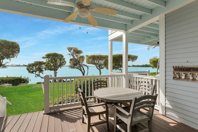 deck featuring ceiling fan, outdoor dining area, a lawn, and a water view