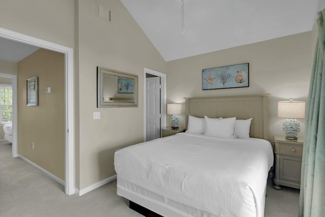 bedroom featuring light carpet, vaulted ceiling, visible vents, and baseboards