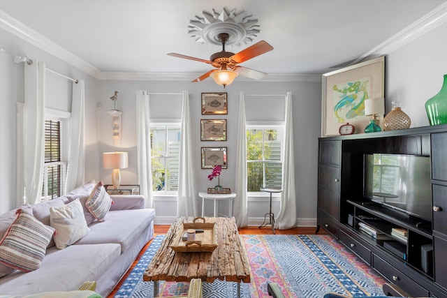 626 Margaret St, Key West, FL 33040 - living room with ornamental molding, hardwood / wood-style floors, and ceiling fan