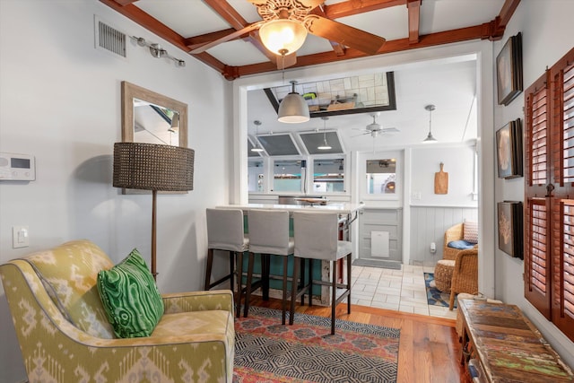 626 Margaret St, Key West, FL 33040 - interior space featuring beamed ceiling, coffered ceiling, hardwood / wood-style flooring, and ceiling fan