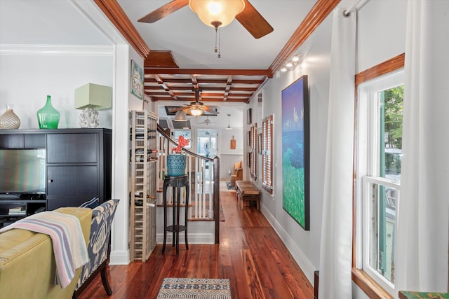 626 Margaret St, Key West, FL 33040 - interior space featuring dark wood-type flooring, coffered ceiling, crown molding, beamed ceiling, and ceiling fan