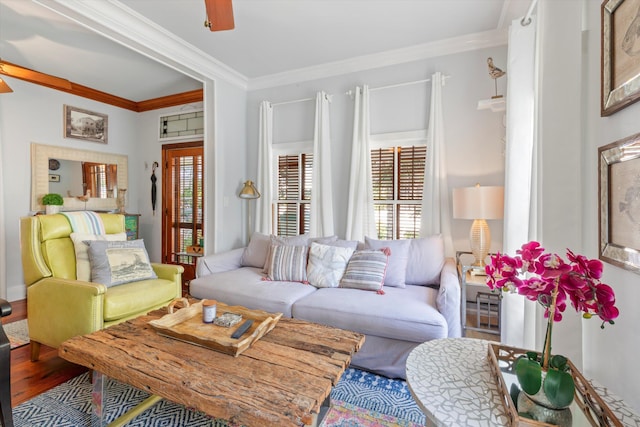 626 Margaret St, Key West, FL 33040 - living room with hardwood / wood-style flooring, crown molding, and ceiling fan