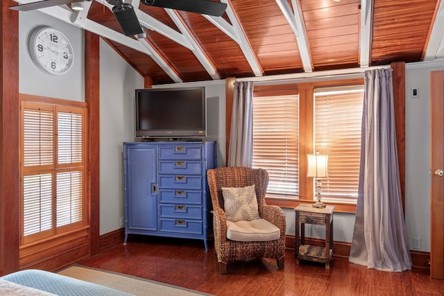 626 Margaret St, Key West, FL 33040 - living area with vaulted ceiling with beams, wood ceiling, and dark hardwood / wood-style flooring