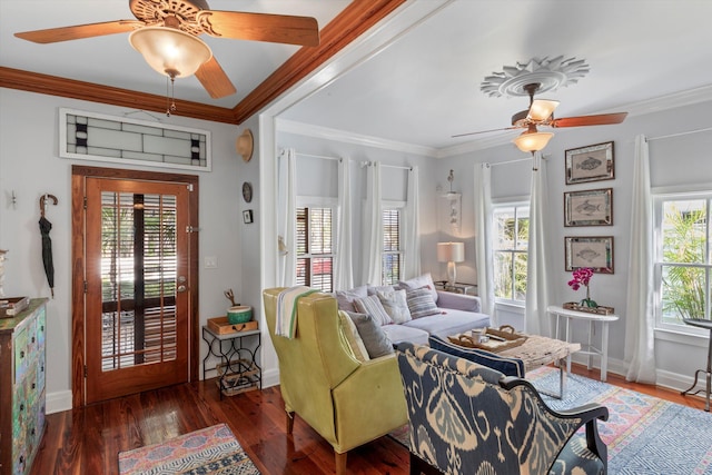 626 Margaret St, Key West, FL 33040 - living room featuring ornamental molding, dark wood-type flooring, and ceiling fan