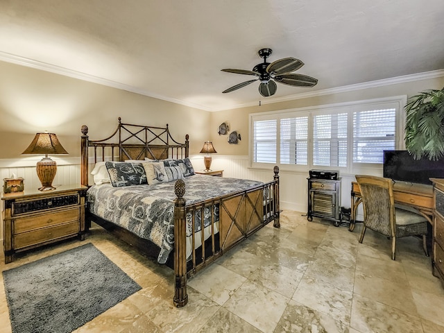 bedroom with crown molding and ceiling fan