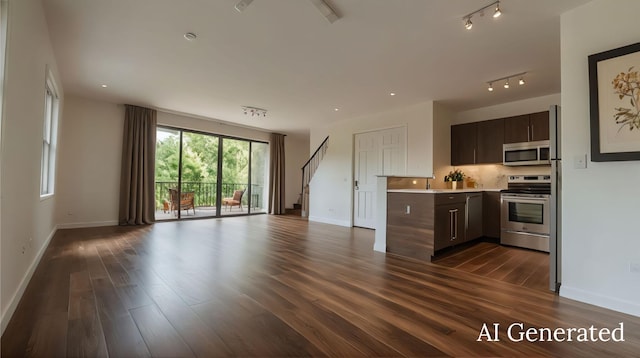 4 Kingfisher Ln, Key West, FL 33040 - kitchen featuring appliances with stainless steel finishes, open floor plan, light countertops, dark brown cabinetry, and dark wood-style flooring