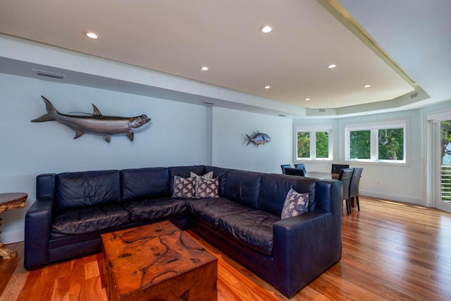 living room with a tray ceiling and light wood-type flooring