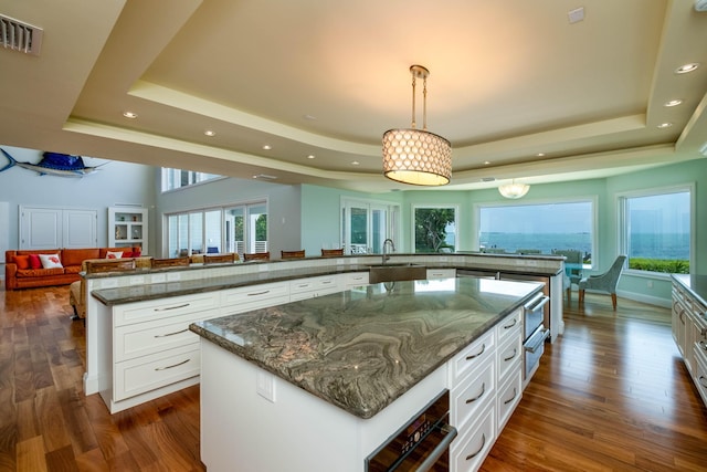 kitchen featuring a raised ceiling, a large island, and decorative light fixtures